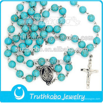 Collar de cruz de alta calidad con joyería religiosa de acero inoxidable Madre María y Jesús con rosario de 8 mm TKB-N0153